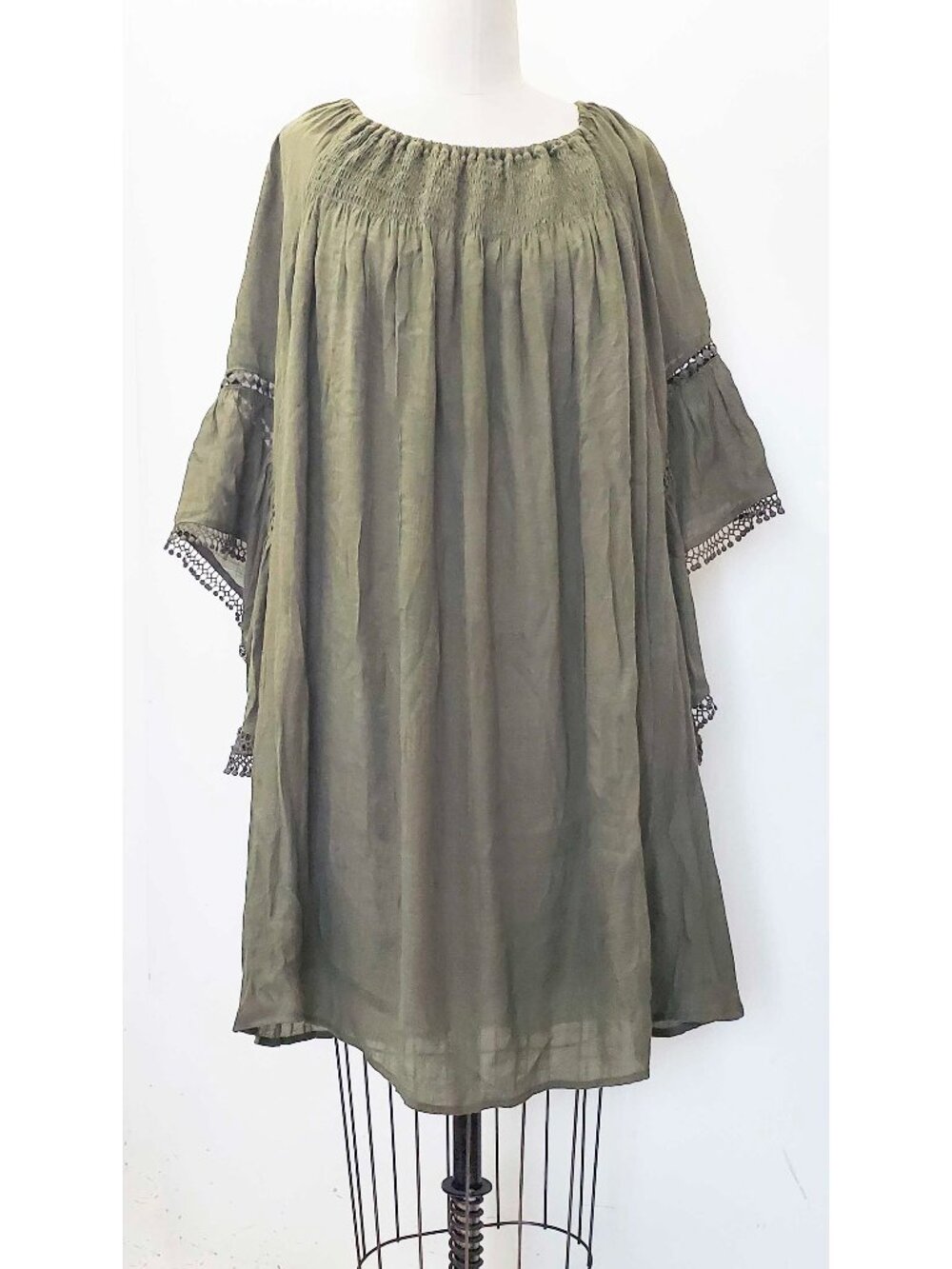 Just Found Women's Boho Peasant Gauze Tunic Top Flounced Sleeve Olive Green 3X